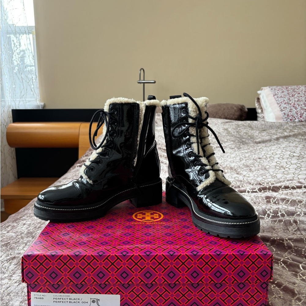 Tory Burch Black Patent Leather Combat Boots